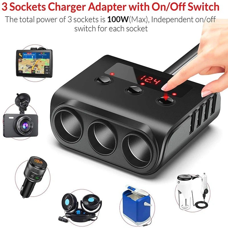 Bluejw Multi-Function Car Charger Adapter, 4 USB Ports, Independent Switch, Digital Display, 3-Socket Cigarette Lighter Splitter with PD Fast Charging for Automobile - Image 3